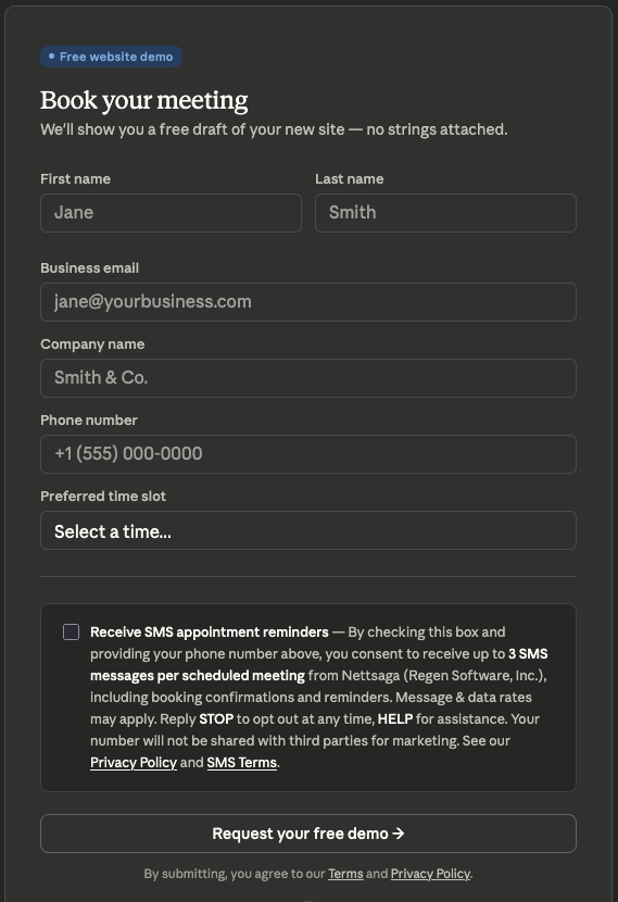 Nettsaga SMS opt-in workflow via booking form